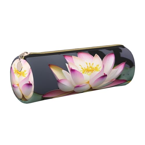 kurue Federmäppchen aus Leder, Motiv: Lotusblume, schlankes Federmäppchen, schöne Schreibwaren-Tasche, tragbare Kosmetiktasche, Reißverschluss, Weiß von kurue