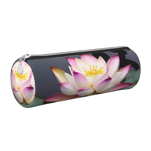 kurue Federmäppchen aus Leder, Motiv: Lotusblume, schlankes Federmäppchen, schöne Schreibwaren-Tasche, tragbare Kosmetiktasche, Reißverschluss, Weiß von kurue
