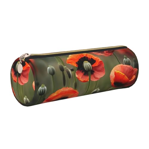 kurue Federmäppchen aus Leder, Motiv: Mohnblumen, schlankes Federmäppchen, schöne Schreibwaren-Tasche, tragbare Kosmetiktasche, Reißverschluss, Organizer-Tasche von kurue