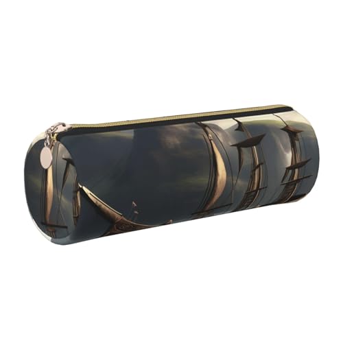 kurue Federmäppchen mit nordischem Piratenschiff, Leder, schlankes Federmäppchen, schöne Schreibwaren-Tasche, tragbare Kosmetiktasche, Reißverschluss-Organizer-Tasche von kurue