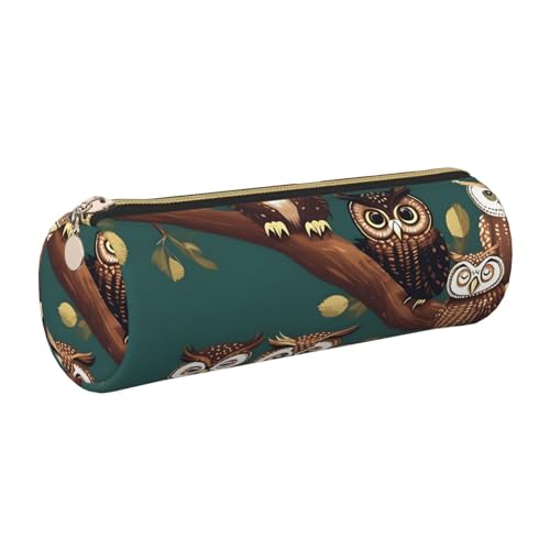 kurue Federmäppchen mit vielen Eulen auf Ästen, Leder, schmales Federmäppchen, schöne Schreibwaren-Tasche, tragbare Kosmetiktasche, Reißverschluss, Organizer-Tasche von kurue