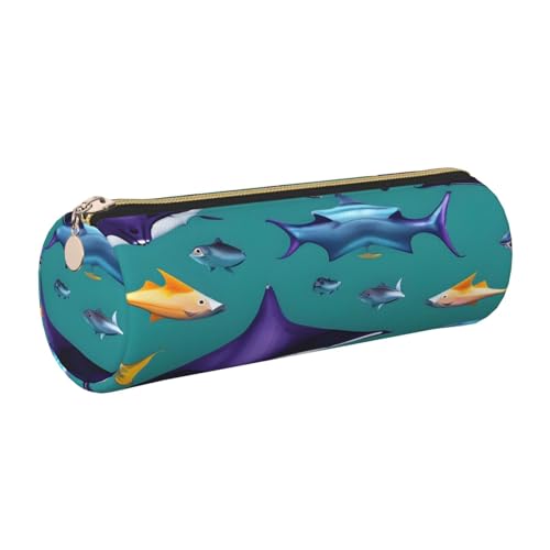 kurue Manta Ray and Fishes Federmäppchen, Leder, schlankes Federmäppchen, schöne Schreibwaren-Tasche, tragbare Kosmetiktasche, Reißverschluss, Organizer-Tasche von kurue