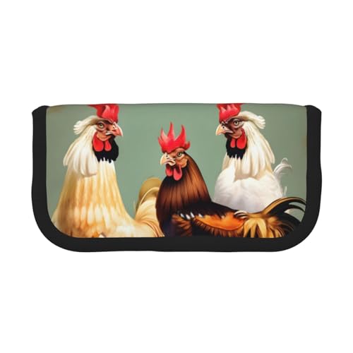 kurue Niedliches Federmäppchen mit Hahn- und Huhn-Aufdruck, 3 Fächer, Multifunktions-Bleistiftbox mit Reißverschluss, Organizer-Bleistifttasche, Schreibwaren von kurue