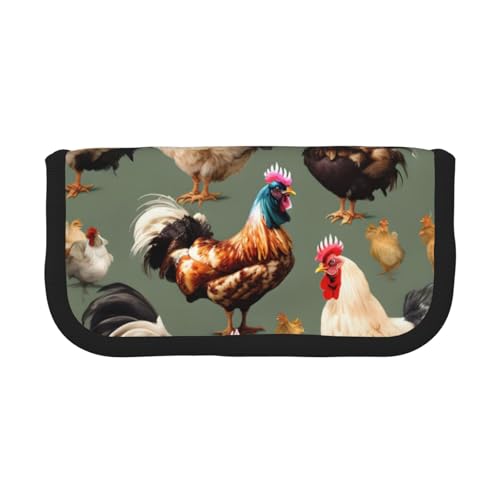 kurue Niedliches Federmäppchen mit Huhn- und Hahn-Aufdruck, 3 Fächer, Multifunktions-Bleistiftbox mit Reißverschluss, Organizer-Bleistifttasche, Schreibwaren von kurue