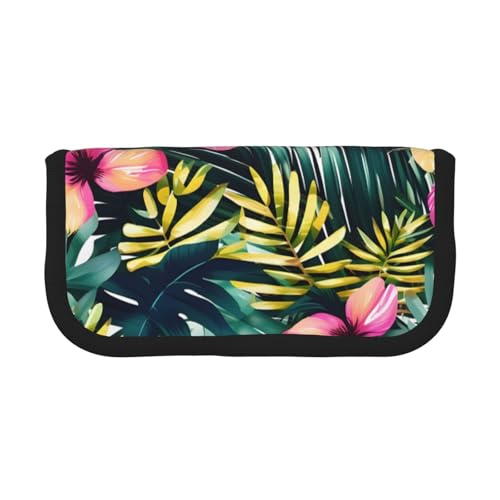 kurue Niedliches Federmäppchen mit tropischem Sommer, Hawaii-Blume, Palmblätter, 3 Fächer, Multifunktions-Bleistiftbox mit Reißverschluss, Organizer-Bleistifttasche, Schreibwaren von kurue