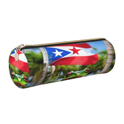 kurue Puerto Rico-Flaggen, Frosch, Palmen, Leder-Federmäppchen, schlankes Federmäppchen, schöne Schreibwaren-Tasche, tragbare Kosmetiktasche, Reißverschluss-Organizer-Tasche von kurue