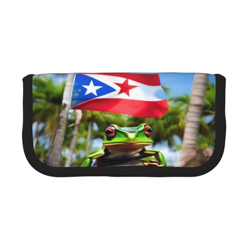 kurue Puerto Rico-Flaggen, Frosch, Palmen, niedliches Federmäppchen, 3 Fächer, Multifunktions-Bleistiftbox mit Reißverschluss, Organizer, Bleistifttasche, Schreibwaren von kurue