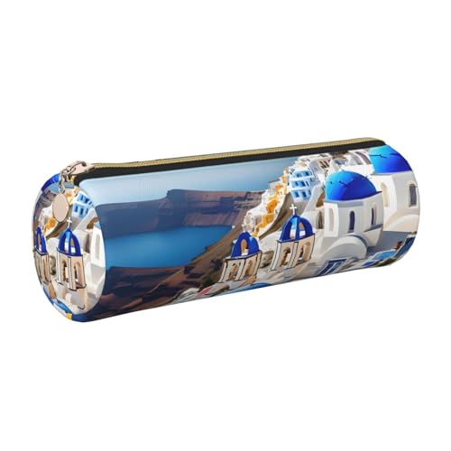 kurue Santorini Federmäppchen aus Leder, Motiv: griechische Insel, Meerblick, schmales Federmäppchen, schöne Schreibwaren-Tasche, tragbare Kosmetiktasche, Reißverschluss, Organizer-Tasche von kurue