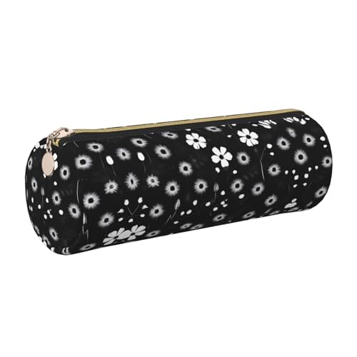 kurue Schwarzes und weißes Federmäppchen mit Blumendruck, Leder, schmales Federmäppchen, schöne Schreibwaren-Tasche, tragbare Kosmetiktasche, Reißverschluss, Organizer-Tasche von kurue