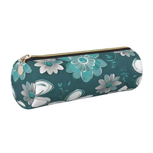 kurue Stifteetui aus Leder, Blumenmuster, schmal, schöne Schreibwaren-Tasche, tragbare Kosmetiktasche, Reißverschluss, Blaugrün / Grau / Weiß von kurue
