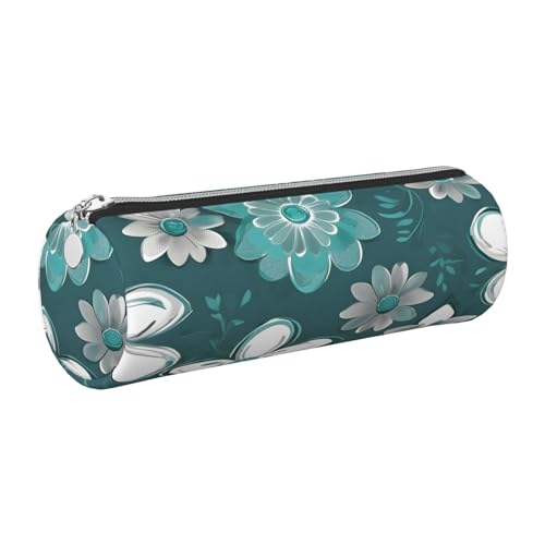 kurue Stifteetui aus Leder, Blumenmuster, schmal, schöne Schreibwaren-Tasche, tragbare Kosmetiktasche, Reißverschluss, Blaugrün / Grau / Weiß von kurue