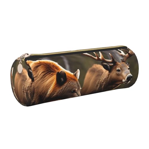 kurue Stifteetui aus Leder, Motiv: Wildtierjagd, Hirsch, Bär, Elch, schlankes Federmäppchen, schöne Schreibwaren-Tasche, tragbare Kosmetiktasche, Reißverschluss, Organizer-Tasche von kurue