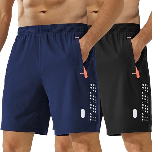 kuzwufs Gym Hose Kurze Herren Schnelltrocknen Sommer Läuft Hosen Kurze 2er Pack Sport Training Shorts Leichte Tennis Hose Kurze Männer mit Taschen Schwarz/Dunkelblau-XXL von kuzwufs