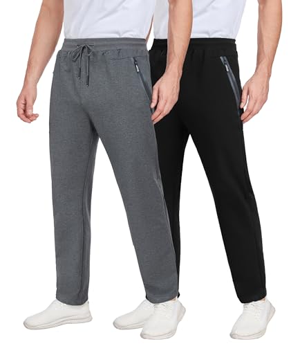 kuzwufs Jogginghose Herren 2er Pack Sporthose Trainingshose Lang Baumwolle Gym Fitness Hose Für Männer Mit Reißverschlusstaschen Schwarz/Dunkelgrau-L von kuzwufs