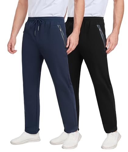 kuzwufs Jogginghose Herren 2er Pack Sporthose Trainingshose Lang Baumwolle Gym Fitness Hose Für Männer Mit Reißverschlusstaschen Schwarz/Navy-M von kuzwufs