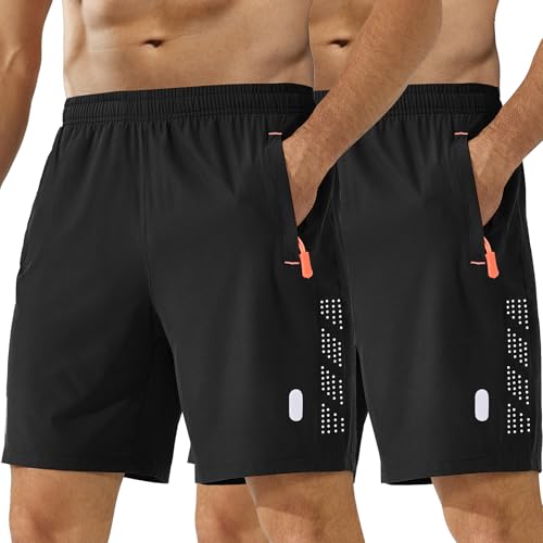 kuzwufs Sporthose Kurze Herren 2er Pack Gym Fitness Hosen Kurze Dry Fit Sommer Lauf Shorts für Männer Workout Training Funktionsshorts mit Taschen Schwarz/Schwarz-M von kuzwufs