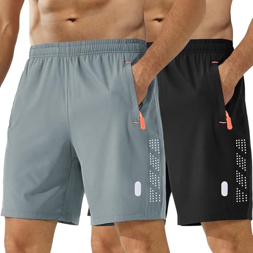 kuzwufs Sporthose Kurze Herren Gym Fitness Hosen Kurze Dry Fit Sommer Lauf Shorts für Männer 2er Pack Workout Training Funktionsshorts mit Taschen Schwarz/Hellgrau-XL von kuzwufs