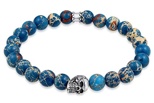 Kuzzoi Buddha Herren Armband mit blauem Achat Edelstein Perlen und Totenkopf in 925 Sterling Silber Anhänger, Yogaarmband, Energiearmband, Länge 23 cm, elastisch, 0205930619 von Kuzzoi