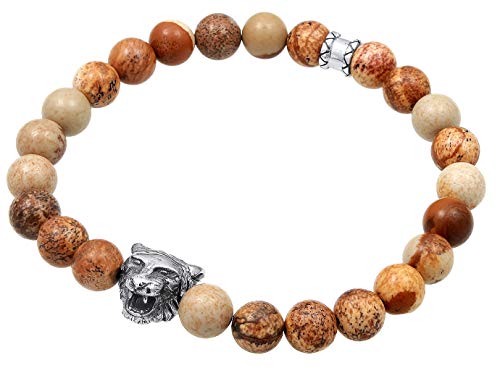 Kuzzoi Buddha Herren Armband mit braunen Achat Edelstein Perlen und 925 Sterling Silber Tigerkopf Anhänger, elastisch, Yogaarmband, Energiearmband 0201490719 (19) von Kuzzoi