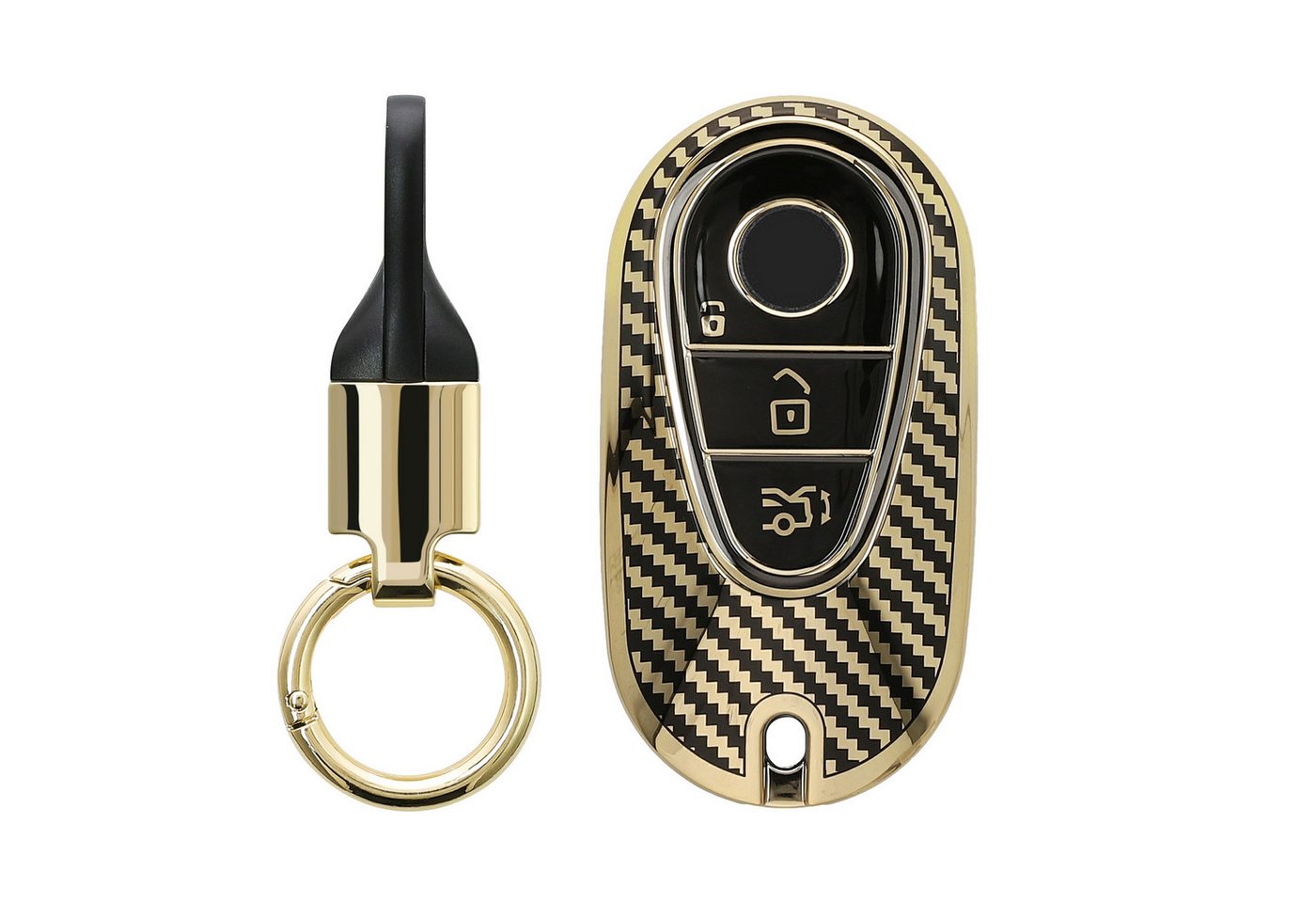 kwmobile Schlüsseltasche Hülle für Mercedes Benz 3-Tasten Smart Autoschlüssel (1-tlg), Schlüsselhülle mit Key Ring Anhänger - Cover Gold Schwarz von kwmobile