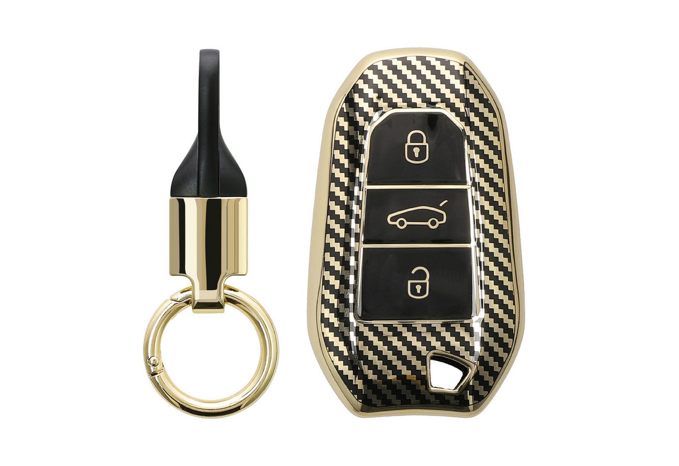 kwmobile Schlüsseltasche Hülle für Peugeot Citroen 3-Tasten Smartkey Autoschlüssel (nur Keyless (1-tlg), Schlüsselhülle mit Key Ring Anhänger - Cover Gold Schwarz von kwmobile