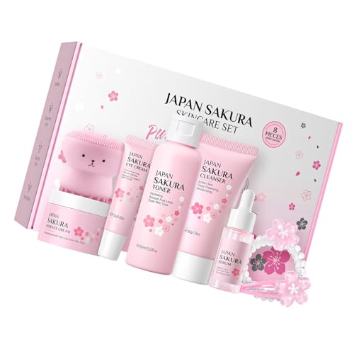 8-teiliges Blumen-Hautpflege-Set mit Reiniger, Toner, Seren, Augencreme, Essenzen, Creme, Haarspange, Frauen-Geschenk-Set von kwoifioy
