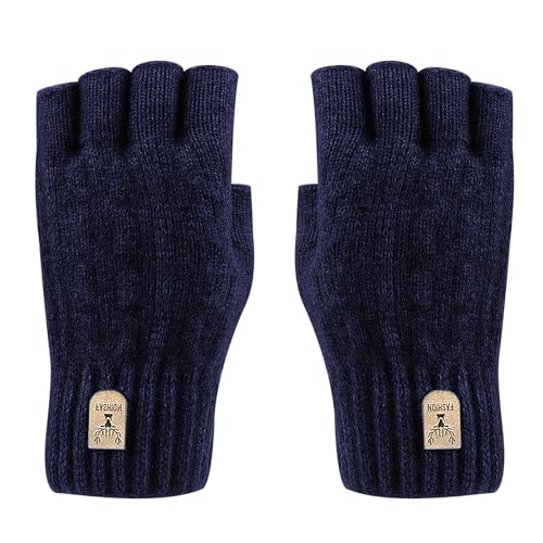 kyaoayo Fingerlose Handschuhe, Alpakawolle Fingerless Gloves, Handschuhe Ohne Fingerkuppen, Handschuhe Fingerlos, Unisex, Strick Weich Flauschig Touchscreen Winterhandschuhe. (Navy Blau) von kyaoayo