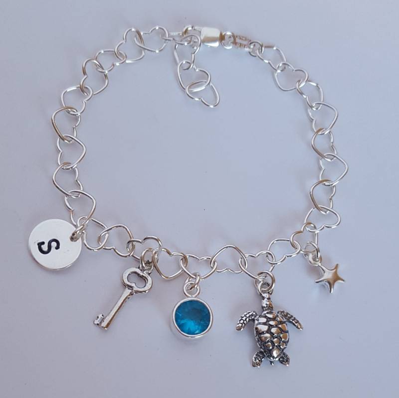 Sterling Silber Bettelarmband, Initial, Schlüssel, Geburtsstein, Schildkröte, Puffy Stern, Personalisiertes Kinderarmband, Kinderschmuck von kyooziAccessories