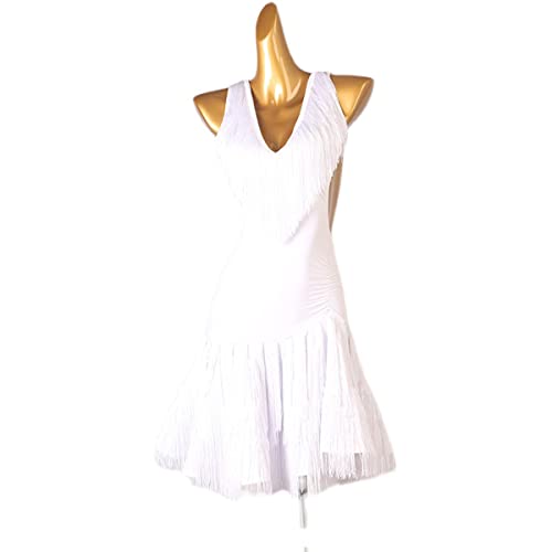 Breiter Sling für Damen mit V-Ausschnitt Latein-Tanzkleider Ballsaal Salsa Samba-Kostüm Latein-Wettbewerbskleid Latein-Trainingskleid Für Frauen Flamenco Kleid (M,White) von kzytamz