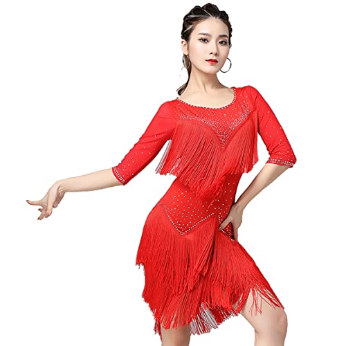 Damen Latein-Tanzkleider mit Fransensaum Rundhalsausschnitt mittellange Ärmel Schwarz Latein-Wettkampfkleid Ballsaal Salsa Samba-Rock Walzer Performance Kleid (XXL,Red) von kzytamz