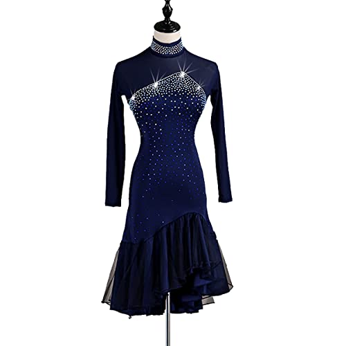 Damen Latin Dance Kleider Ballroom Schlitzrock Salsa Samba Rock Latin Competition Dress Tutu Cha Cha Übungsrock Weibliches Kleid Lateinischer Tanz Quaste (XXL,Navy Blue) von kzytamz