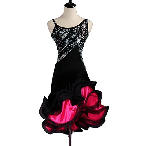 Damen Neckholder Latein Tanzkleider Schwarz Latein Turnierkleid Ballsaal Strasssteine Salsa Samba Tutu Rock Für Frauen Flamenco Kleid Walzer Performance Kleid (L,Rose red) von kzytamz