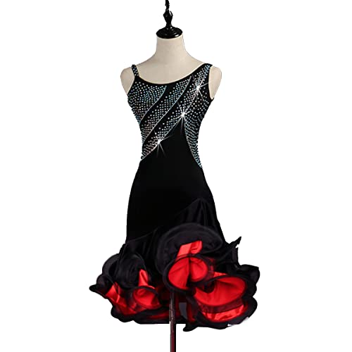 Damen Neckholder Latein Tanzkleider Schwarz Latein Turnierkleid Ballsaal Strasssteine Salsa Samba Tutu Rock Für Frauen Flamenco Kleid Walzer Performance Kleid (XL,Red) von kzytamz