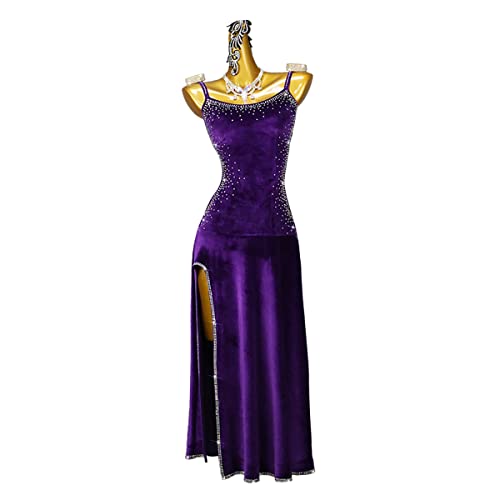 Damen Sling Langer Latin Dance Rock Samtstoff Samba Fransen Schlitz Rock Walzer Foxtrott Tanzkleid Latein Trainingskleid (S,Purple) von kzytamz