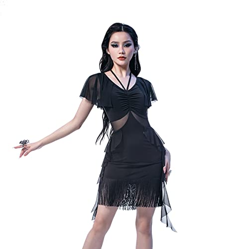 Frauen Erwachsene Schwarz Latein Tanzkleider Kurzarm Latein Training Kleid Ballsaal Fringe Latin Tango Salsa Tanzrock (L,Black) von kzytamz