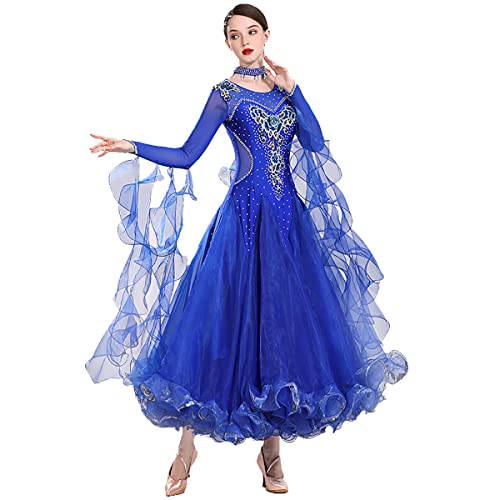 Langarm Ballsaal Tanzkleid Damen Modernes Salsa Walzer Tanz Walzer Trainings Tanzkleidung Strass Tango Flamenco Praxis Tanzkostüme (XXL,Blue) von kzytamz