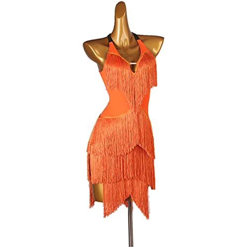 Lateinische Tanzkleider Mit V Ausschnitt Für Damen Hohle Latin Dance Leistung Kleider Für Damen Salsa Kostüme Tassel Ballroom Leistung Tanzkleidung Flamenco (L,Orange) von kzytamz