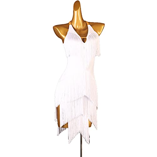 Lateinische Tanzkleider Mit V Ausschnitt Für Damen Hohle Latin Dance Leistung Kleider Für Damen Salsa Kostüme Tassel Ballroom Leistung Tanzkleidung Flamenco (S,White) von kzytamz