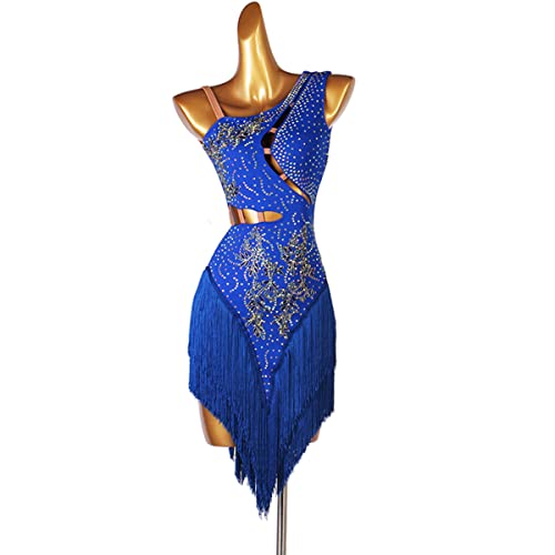 Lateinisches Tanzkleid Damen Fransen Latin Dance Kleider für Frauen Ballsaal Salsa Samba Rumba ChaCha Kostüm Beruf Latin Competition Dress Walzer Performance Kleid (XL,Blue) von kzytamz