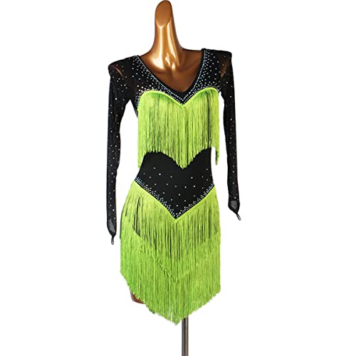 Lateinisches Tanzkleid Damen Fringe Latin Dance Kleider V-Ausschnitt mit Langen Ärmeln Ballsaal Salsa Samba Kostüm Quaste Latin Competition Dress Ballroom Kleider (XXL,Green) von kzytamz