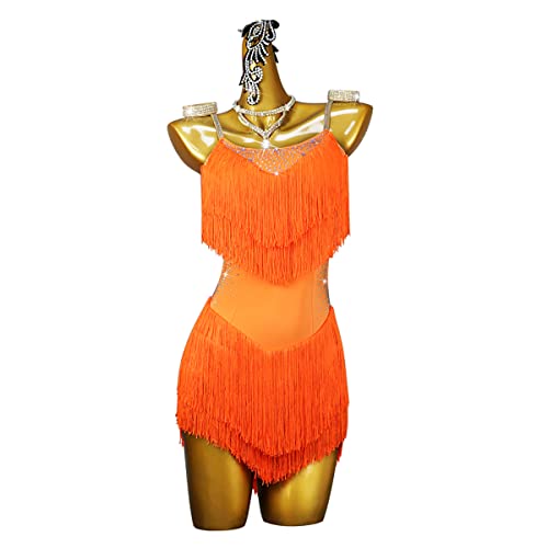 Neckholder Rückenfrei Latein Tanzkleider Damen Pailletten Fransen Latein Turnierkleid für Frauen Ballsaal Salsa Samba Rumba ChaCha Kostüm Beruf Latin Competition Dress (S,Orange) von kzytamz