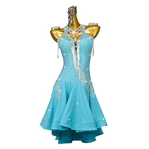 Salsa Kleid Damen Latein Tanzkleid Strass Pailletten Quaste Flapper Kleid Trägerloses Abendkleid Mit Unregelmäßigem Fransen-Cha-Cha-Outfits für modernen Tanz (L,Blue) von kzytamz