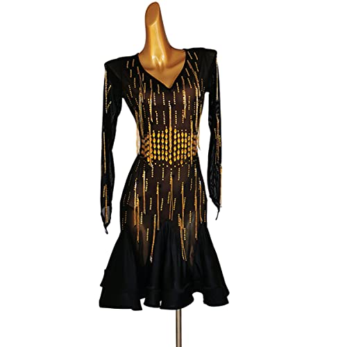 Sexy Latin-Tanzkleider mit V-Ausschnitt und Fransen für Damen Ballsaal Salsa Rumba Samba-Kostüm Cha cha Tango Soziale Wettbewerb Kostüme Für Frauen Flamenco Kleid (XXL,Black with Gold) von kzytamz