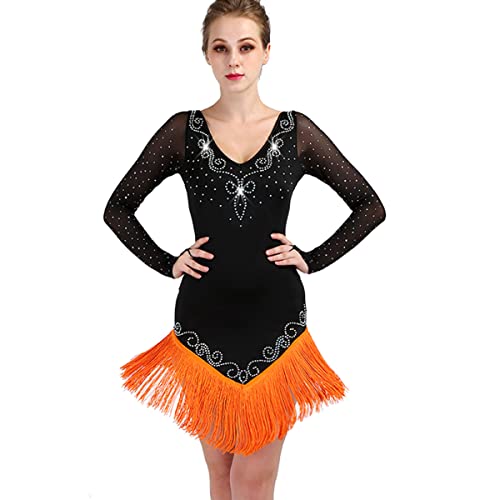 Sling Latin Dance Kleider Damen Ballsaal V-Ausschnitt mit Langen Ärmeln Salsa Samba Kostüm Latin Competition Dress Fransensaum Für Frauen Flamenco Kleid (S,Black1) von kzytamz