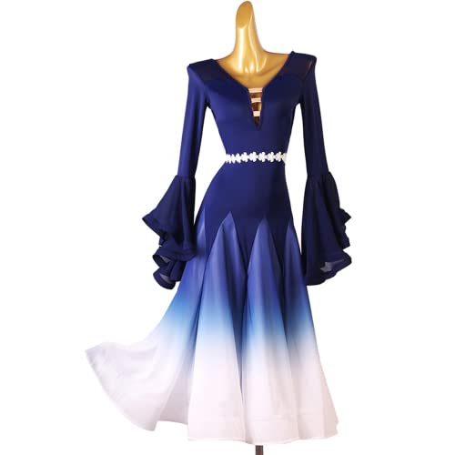 Standard Gesellschaftstanz Kleider Spitze Ballsaal Tanzen Kleider Für Frauen Moderner Walzer Tango Flamenco Turnierkleider Party Tanzkleid Big Swing Dress (Blue,S) von kzytamz