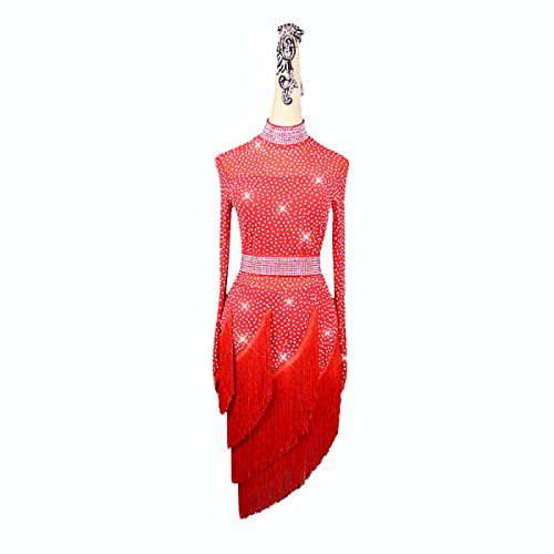 Tassel Latin Training Tanzkostüme Cha Cha Tango Moderner Ballsaal Für Damen Langärmlig Tanzkleider Rock Für Samba Rumba (XL,Red) von kzytamz