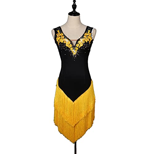 Wide Sling V-Ausschnitt Latin Dance Kleider Damen Quaste Saum Latin Competition Dress Ballsaal Salsa Samba Cha Cha Kostüm Tango Soziale Wettbewerb Kostüme (M,Yellow) von kzytamz