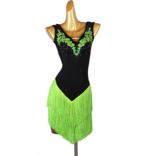 Wide Sling V-Ausschnitt Latin Dance Kleider Damen Quaste Saum Latin Competition Dress Ballsaal Salsa Samba Cha Cha Kostüm Tango Soziale Wettbewerb Kostüme (XXL,Green) von kzytamz