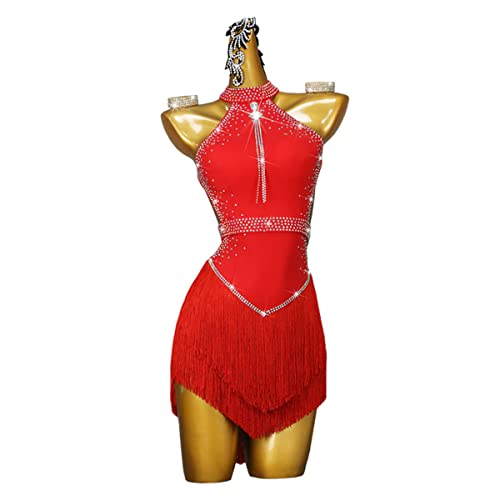 kzytamz Damen Fringe Latin Dance Kleid Ballsaal Walzer Tango Neck Sexy Rückenlose Latin Performance Wettbewerbskleid (S,red) von kzytamz