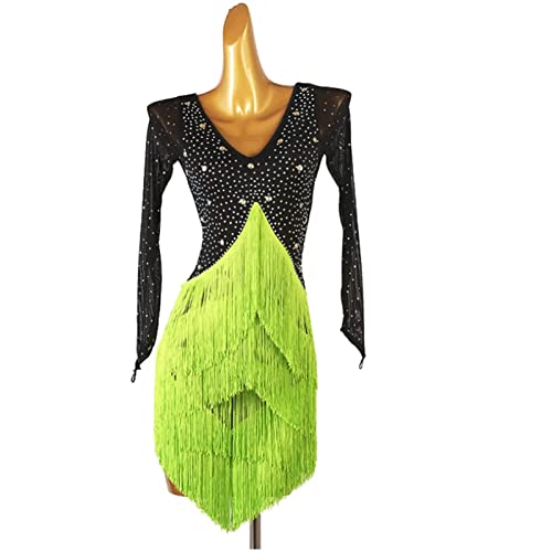 kzytamz Damen Latin Dance Kleider Ballsaal Professionelles Latein-Tanzwettbewerbskleid Competition Dress Tutu Cha Cha Übungsrock Weibliches Kleid Lateinischer Tanz Quaste (XL,Green) von kzytamz